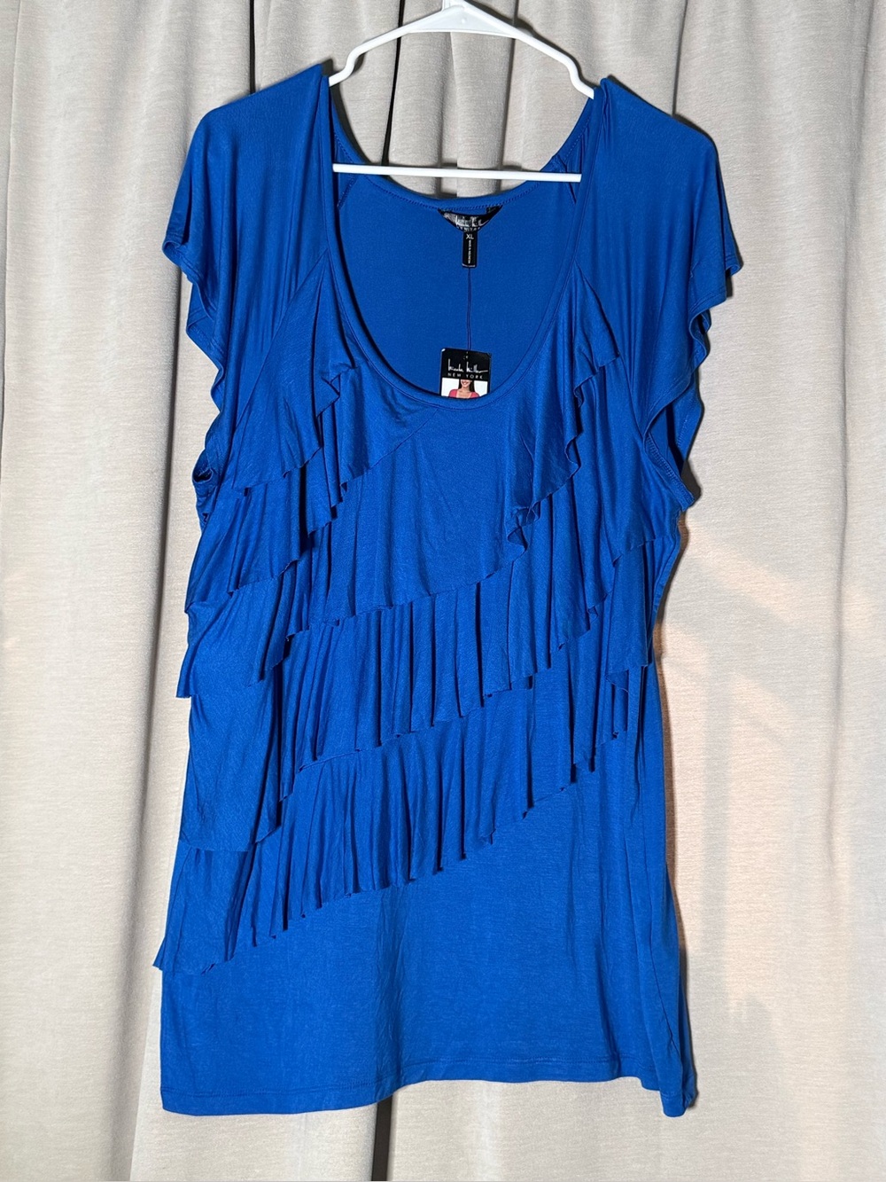 Nicole Miller Blue Ruffle Short Sleeve Scoop Neck Top size XL